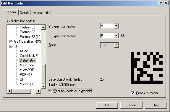 Printing Rectangular Data Matrix Bar Codes with ZebraDesigner Software