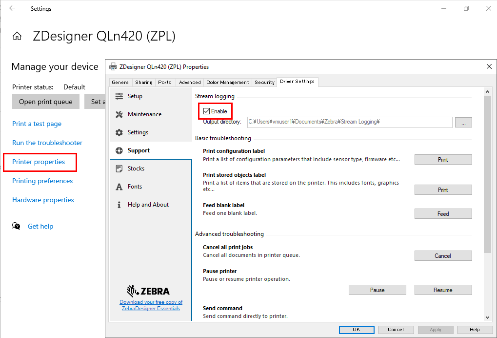 Capturing Printer Communication to Stream Log ZDesigner Windows Driver Version 8