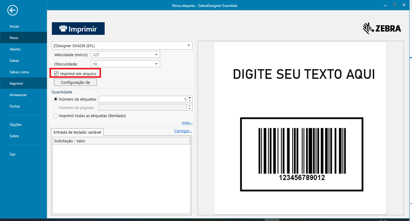 Exportando etiqueta do ZebraDesigner Essentials 3 para Arquivo de Texto