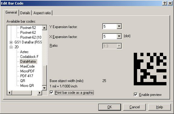 Printing Rectangular Data Matrix Bar Codes With