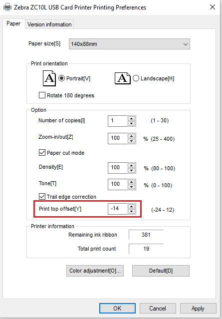 Adjusting Offsets on ZC10L Large-format Card Printer