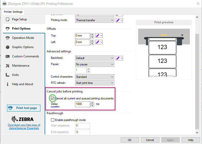 Description of the Driver Option: Cancel Job Before Printing