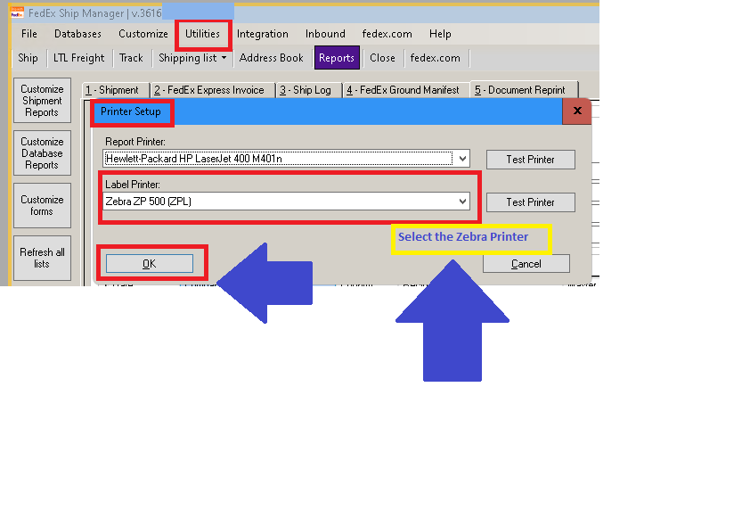プリンターのセットアップ ZP500: Windows 11 で FedEx Ship Manager