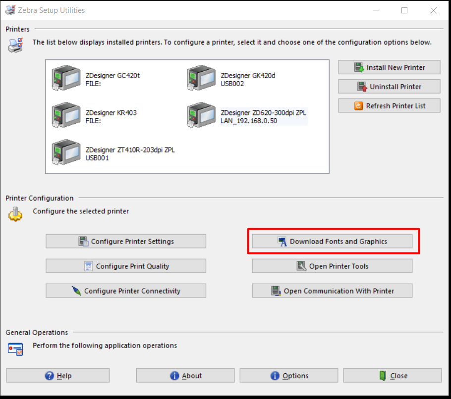 Zebraセットアップユーティリティ プリンタへのフォントのダウンロード
