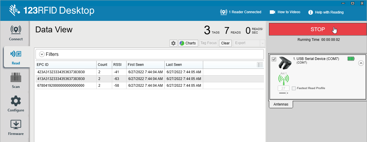 RFD40：123RFIDデスクトップを使用したタグの読み取り
