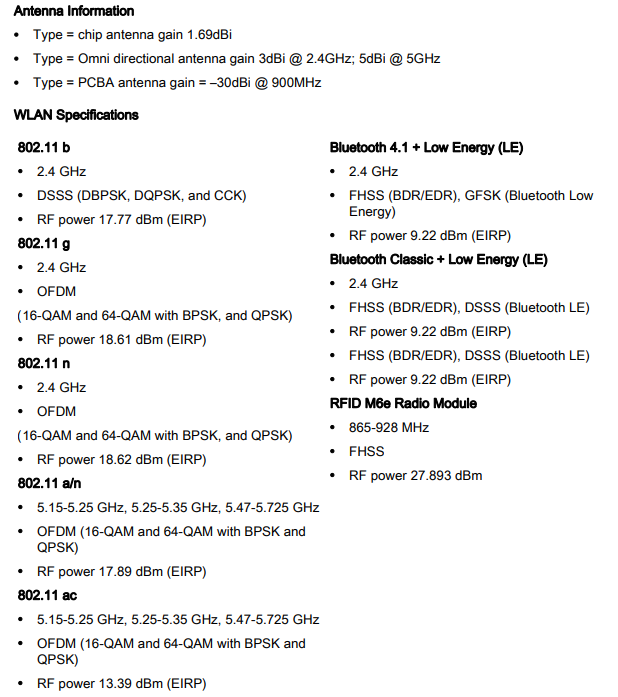 Wireless Specifications ZT411