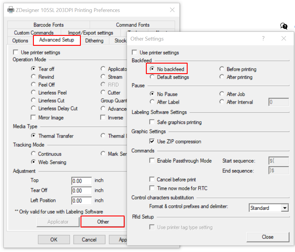 Desative a opção Backfeed em impressoras de mesa Zebra por meio do