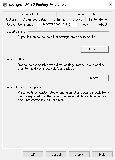 バーコードラベルプリンターのプリンター設定のインポート/エクスポート