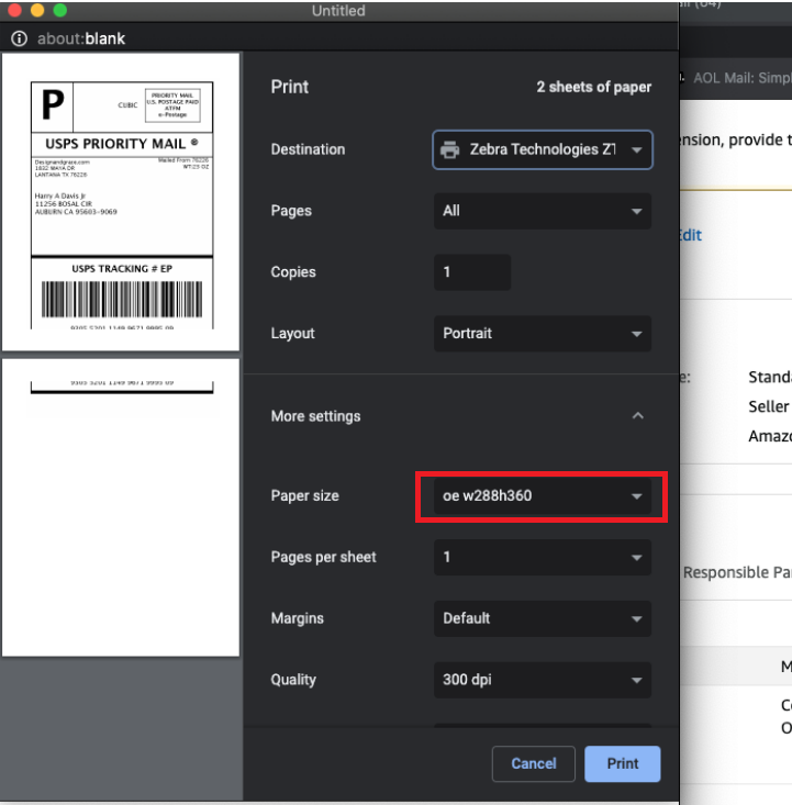 Paper Size Drop Down Showing "oe w288h360"