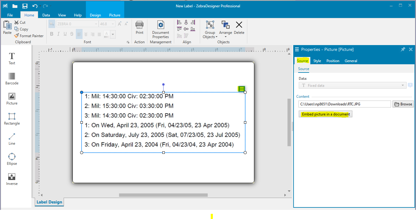 ZebraDesigner 3: Embedding Picture Elements