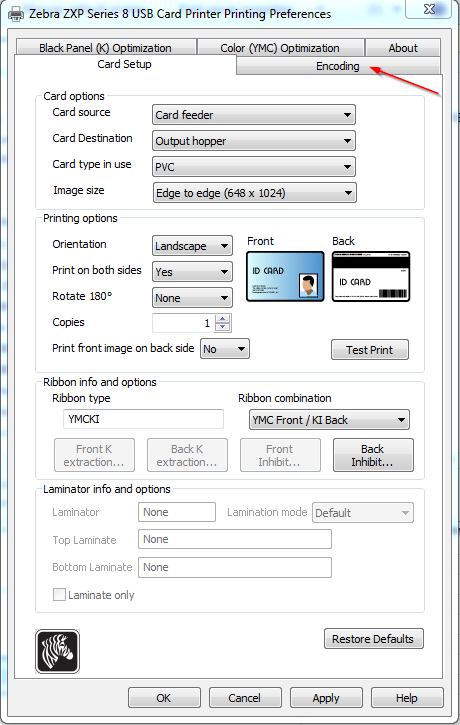 Setting Zebra Card Printer to Only Encode and Not Print
