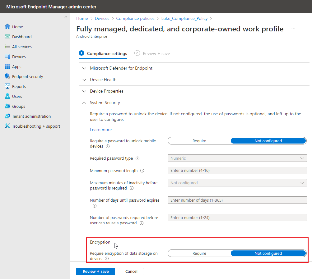 Microsoft intune getting turn on encryption message despite device