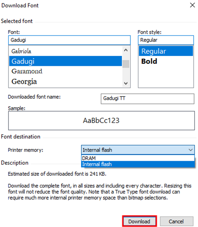 Downloading windows fonts to a printer via zdesigner v8