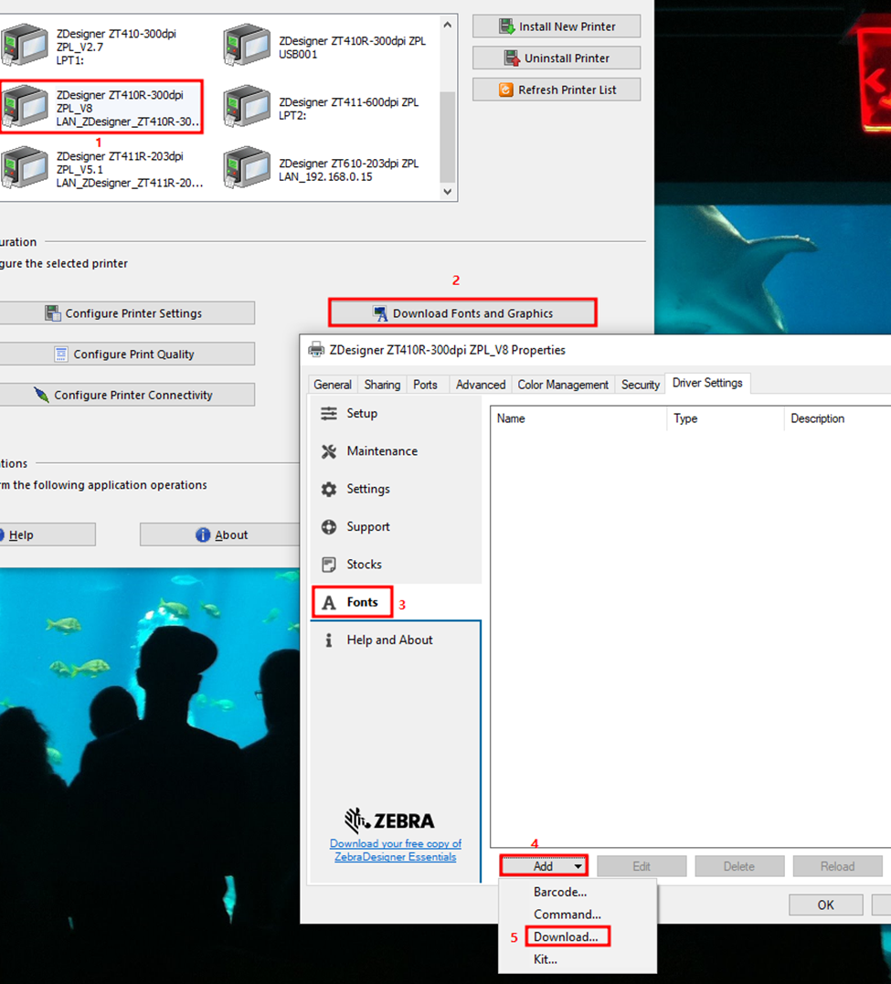 Downloading windows fonts to a printer via zdesigner v8