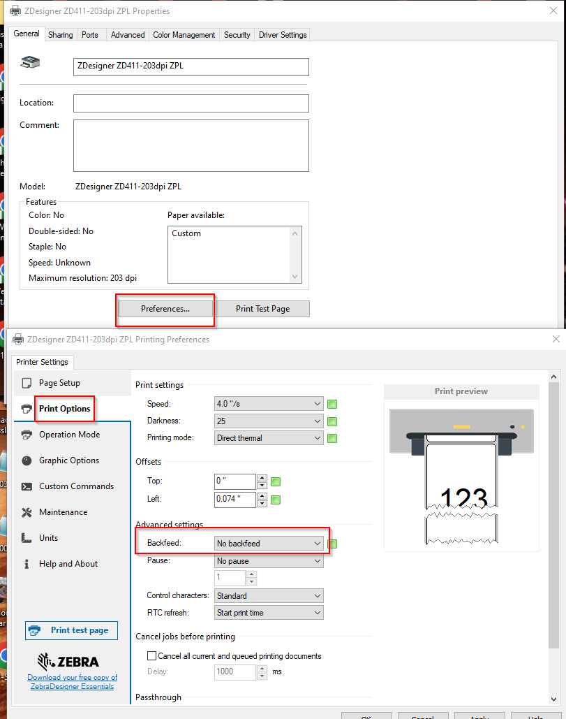 Disable the Backfeed Option on Zebra Tabletop Printers via the V5 or V8
