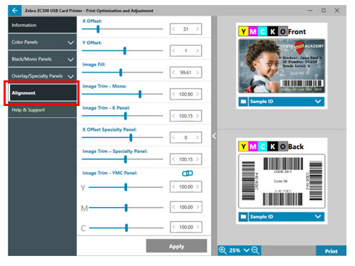 Adjusting ZC to Print Image on Full card