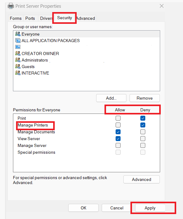 Lock or disable printer driver settings on windows 11 computer