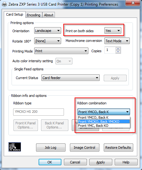 Configurando ZXP Series 3 para impressão frente e verso