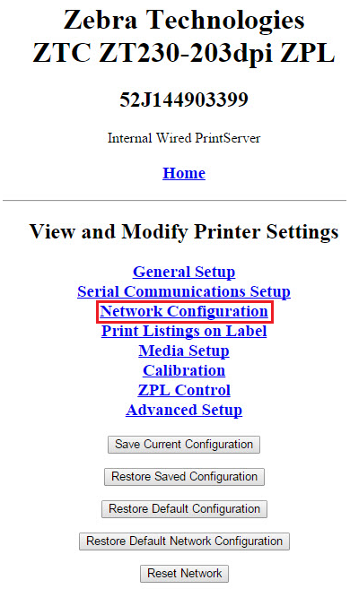 ZebraNet プリント サーバ Web ページを使用して永続 IP