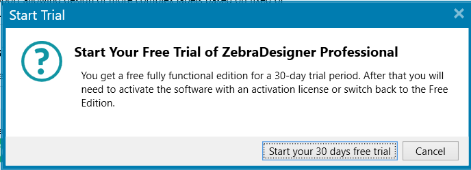 ZebraDesigner Start Trial Dialog