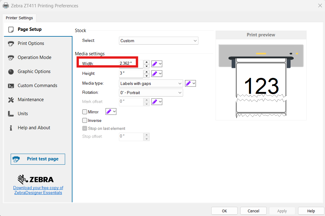 Limitação de largura de impressão para driver de impressora Zebra