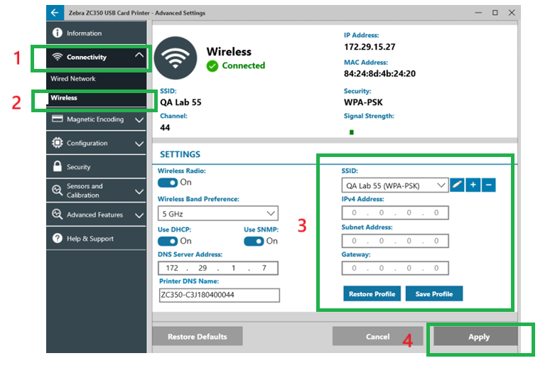 Configuring Wireless Connection for ZC Series Card Printer